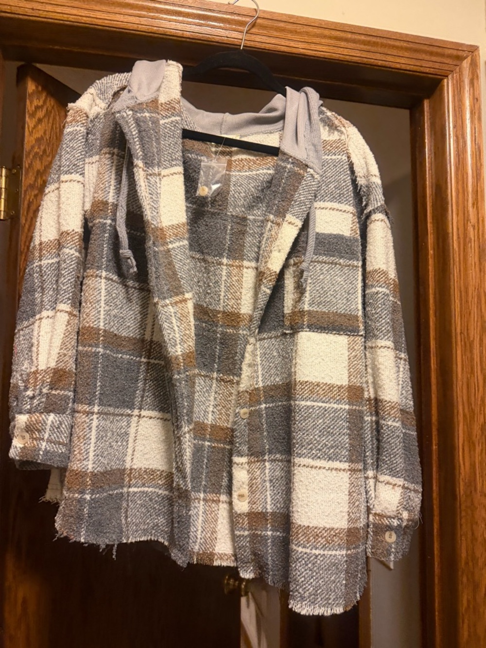 Plaid Hooded Teddy Jacket in Gray, Brown & Cream